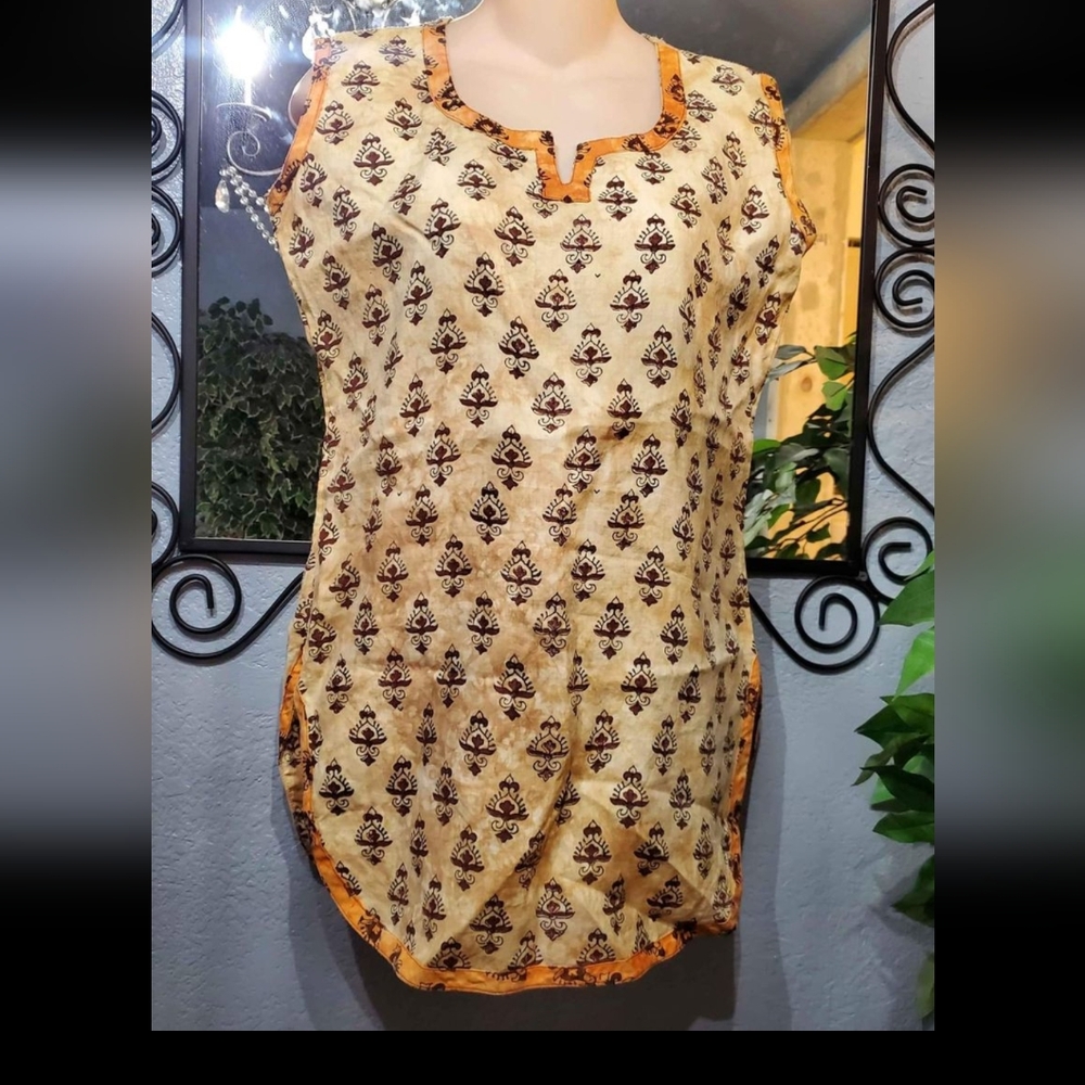 Vintage Traditional Brown Orange Kurti Tunic Sleeveless Top Elegant Woman's Top